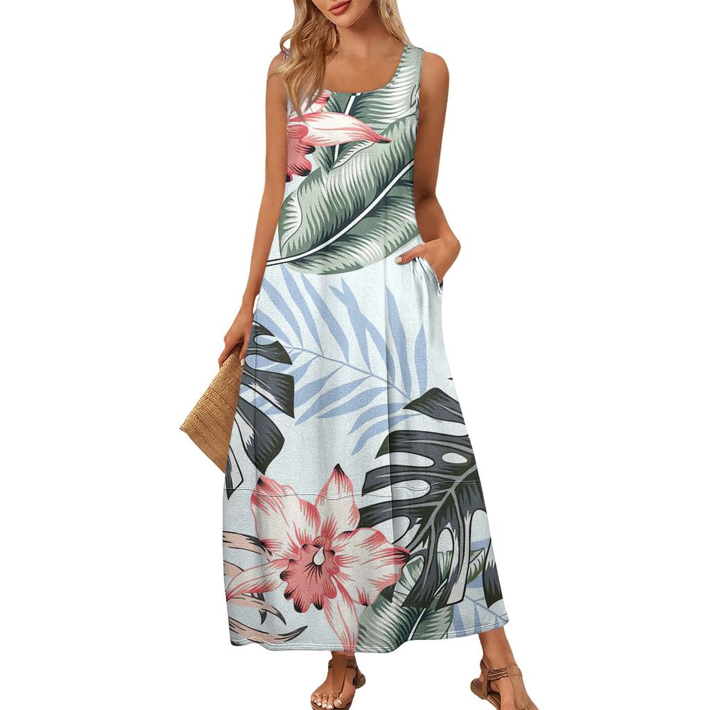 Damen Sommer Mode Rundhals Ärmellos Strandkleid Kleider mit Blumendruck
