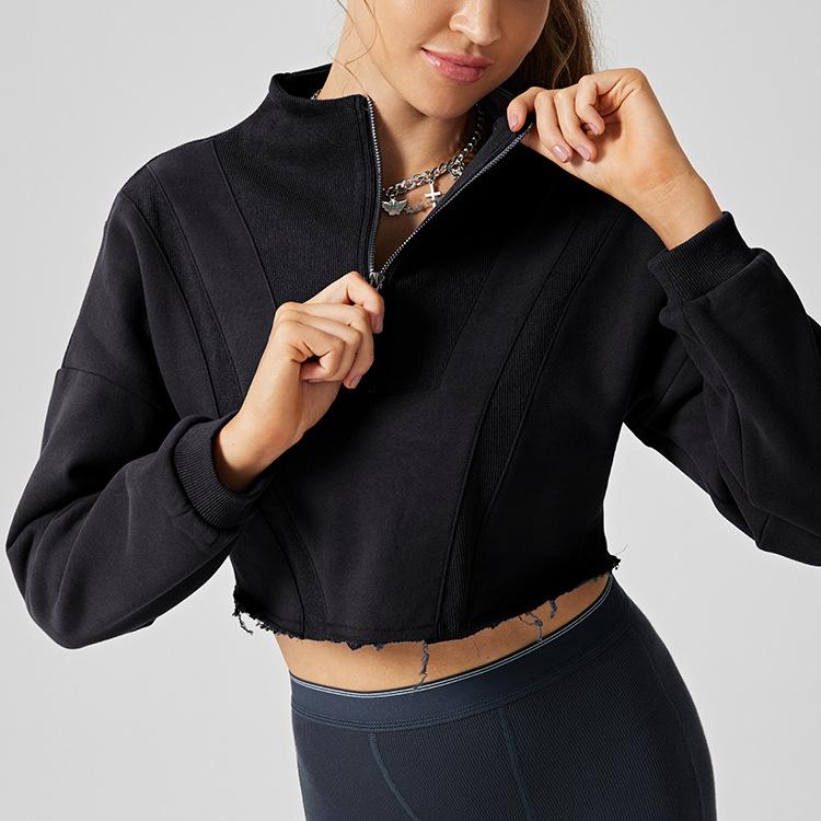 

Женская осенняя свободная укороченная куртка на молнии для йоги, велоспорта, бега - повседневная спортивная толстовка Extra Large чёрный