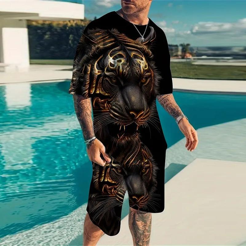 Fashion Men's Sportswear Suit Printed Tiger Pattern Oversized Men's Top Y2K Style Breathable Fresh Short Sleeve Shorts Suit