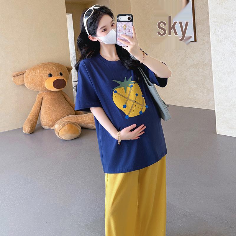 

2026 Summer Loose Printed Cotton Short Sleeve T-shirt & Straight Leg Pants Maternity Two-Piece Set L