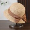 Women Raffia Straw Hat with Bow Tie Beach Holiday Sun Fedora Hat Retro Foldable Wide Brim Panama Jazz Hat