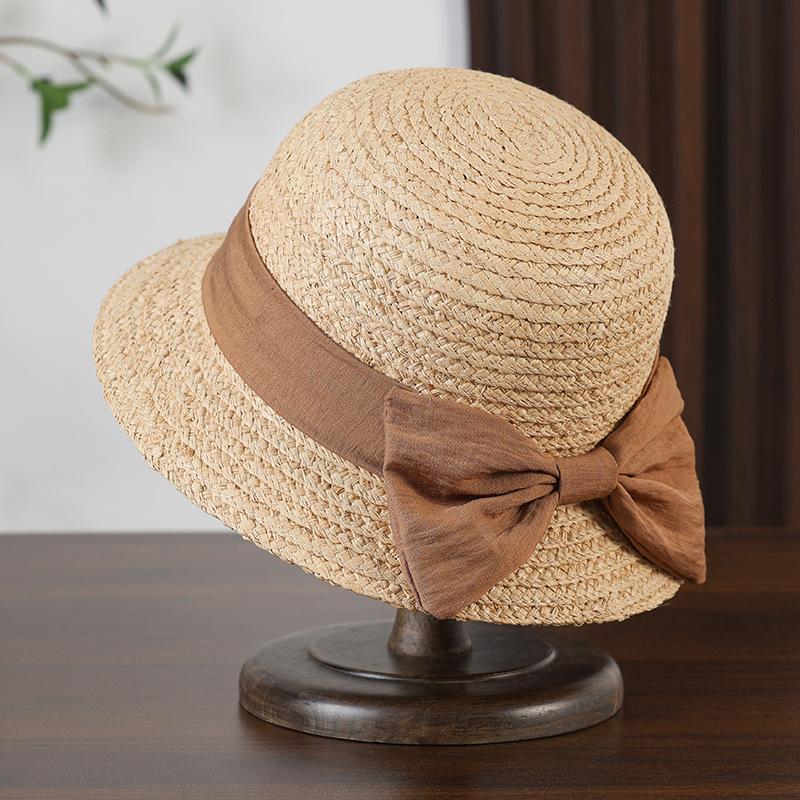 Women Raffia Straw Hat with Bow Tie Beach Holiday Sun Fedora Hat Retro Foldable Wide Brim Panama Jazz Hat