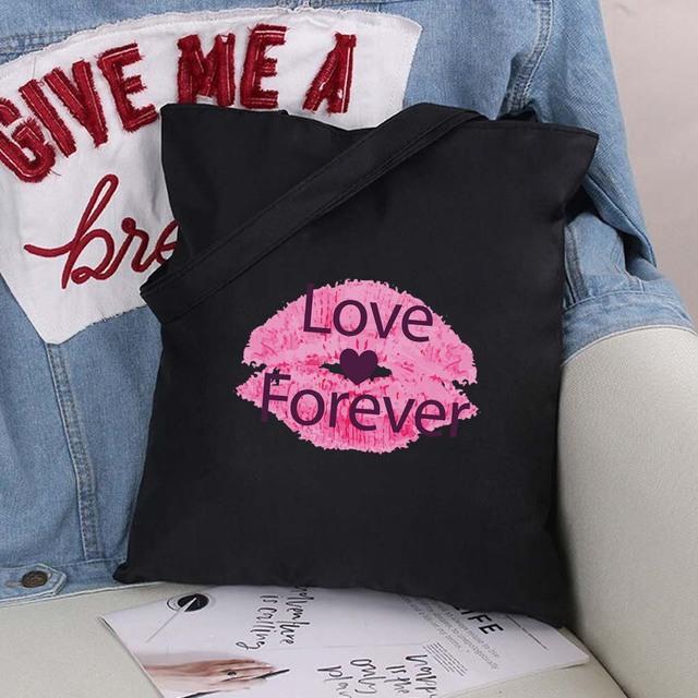 Sexy Lips Large Capacity Women Shopping Bags Shoulder Bag Fashion Black Printing Foldable Handbag Canvas Tote Bag