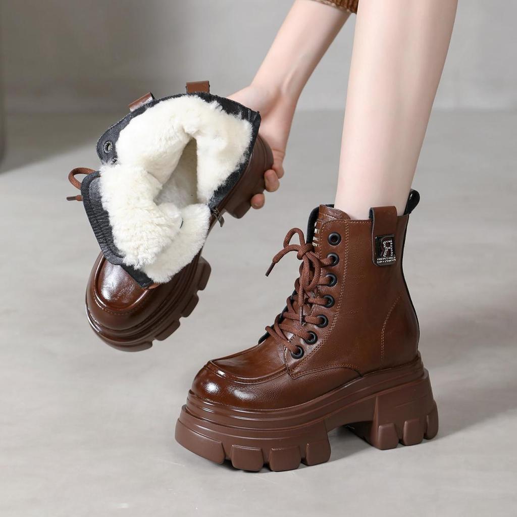 Soft leather Martin boots, thick-soled fur integrated thermal snow boots, British short boots