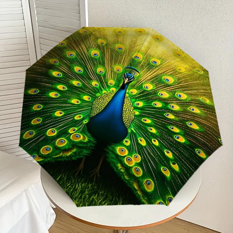 1pc Peacock Feathers Automatic Open/Close Umbrella with Windproof, 8-Rib Sturdy Canopy, Durable Ribs, Fashionable Design1151A