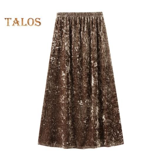 

Женская юбка миди, эластичная юбка с высокой талией, длиной до середины икры, однотонная юбка из блестящего бархата с широким подолом, повседневная одежда хаки