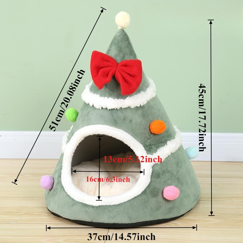 

1PC Christmas Tree Cat Bed -Winter Warm Pet Nest with Red Bow & Green Leaves,Holiday Decorative Pet Bed for Indoor/Outdoor Use зелений