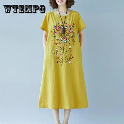 Großes, lockeres, mittellanges Retro-Kleid für Damen war dünn und bedeckte den Bauch im Sommerkleid im ethnischen Stil