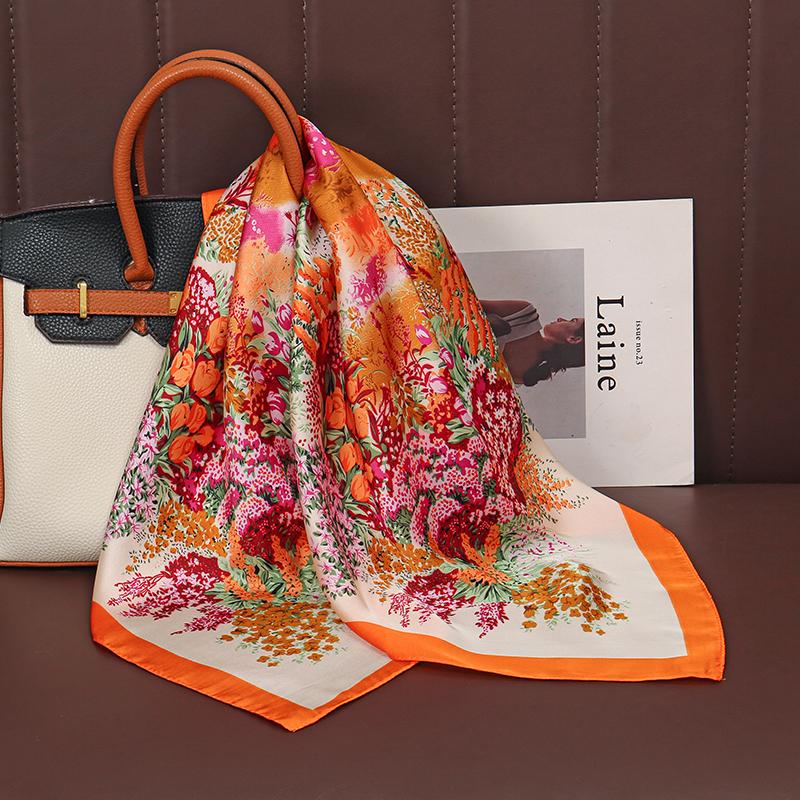

70Cm Floral Luxury Silk Feel Square Scarf Female Soft Satin Handle Hijab Lady Bandana Foulard Bag Ribbon 70x70cm