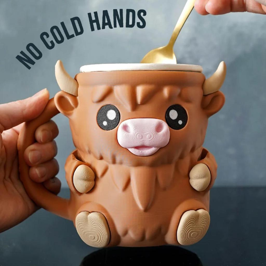 3D Printed Cute Highland Cow Ice Cream Pint Holder Leak-Proof Antifreeze Handle Perfect for Ice Cream Containers Beer Can Sleeve