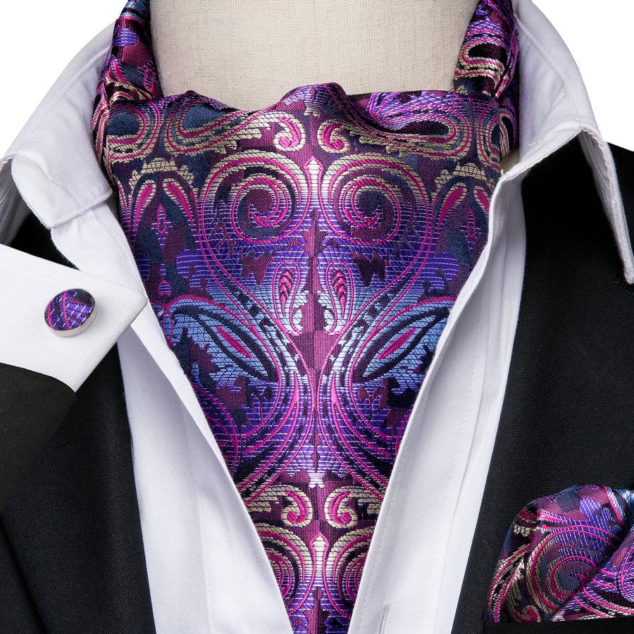 Hi-Tie Erkek Ascot Kravat Seti İpek Mor Paisley Kravat Mendil Kol Düğmesi Broş