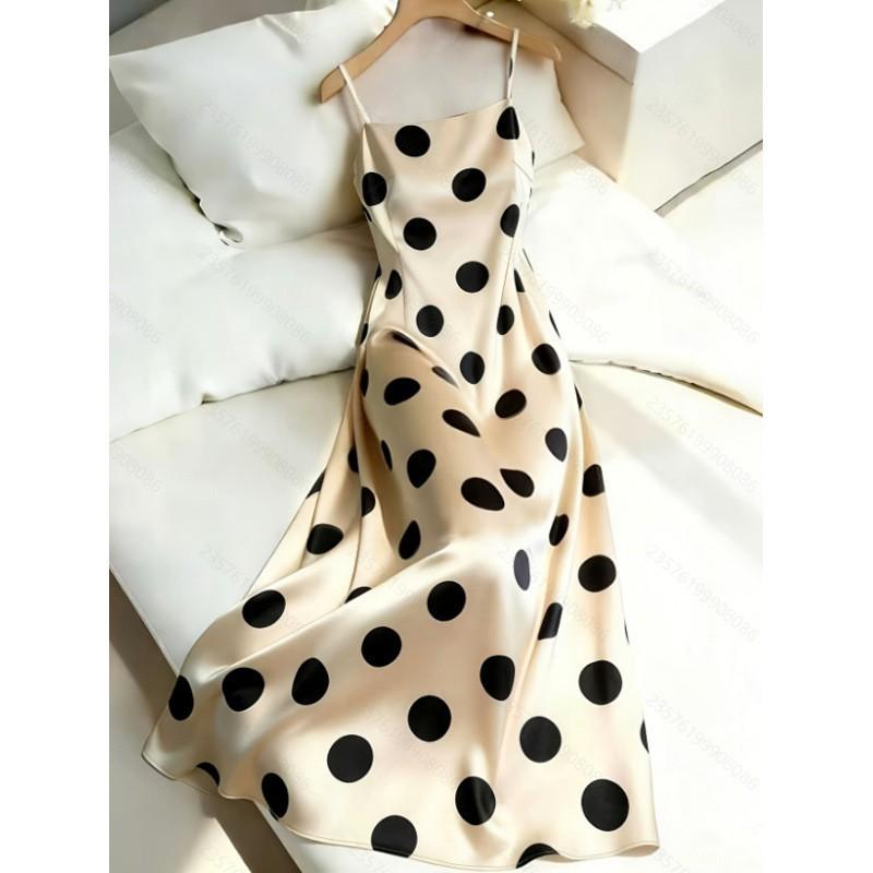 Elegant Satin Polka Dot Wrap Waist Maxi Slip Dress Women Date Outfit