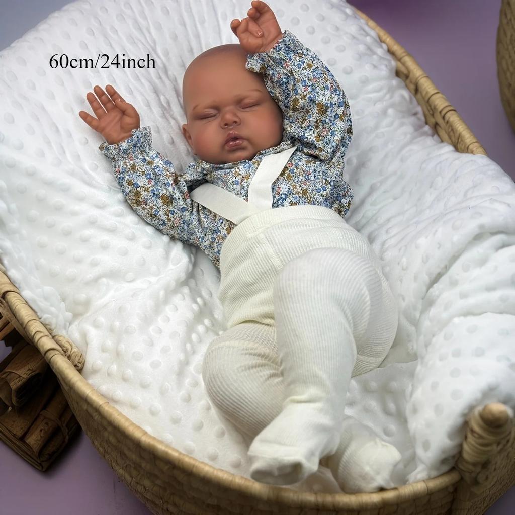 BZDOLL 60 CM 24inch Asleep Fat Reborn Baby Doll Toy For Girl Big Fat Toddler Vinyl Limbs Cloth Body Black Skin Doll Birthday Gift House Bedtime Toy
