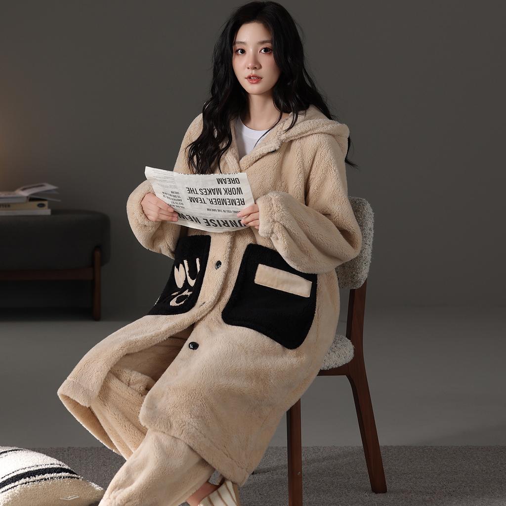 nightgown women's buckle autumn and winter thickened fleece flannel long pajamas coral fleece thermal bathrobe morning gown with pants