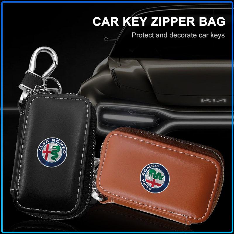 For Alfa Romeo 159 147 156 166 Giulietta Giulia Mito Stelvio Brera Spider 1Pcs Leather Emblem Car Key Case Keychain Zipper Key Case Bag
