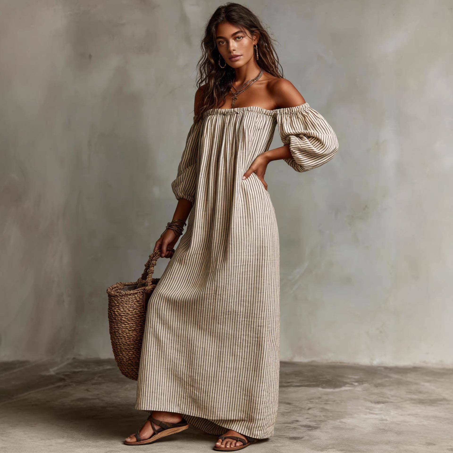 Women s Off Shoulder Long Sleeve Striped Dress Loose Fit Casual Summer Maxi Dress XS