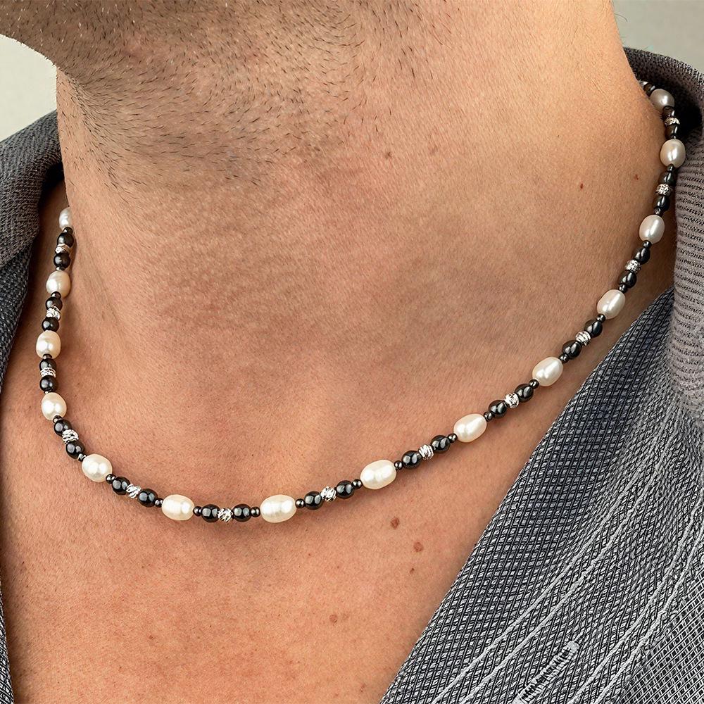 Men's Hematite & Imitation Pearl Beaded Necklace – Versatile Style