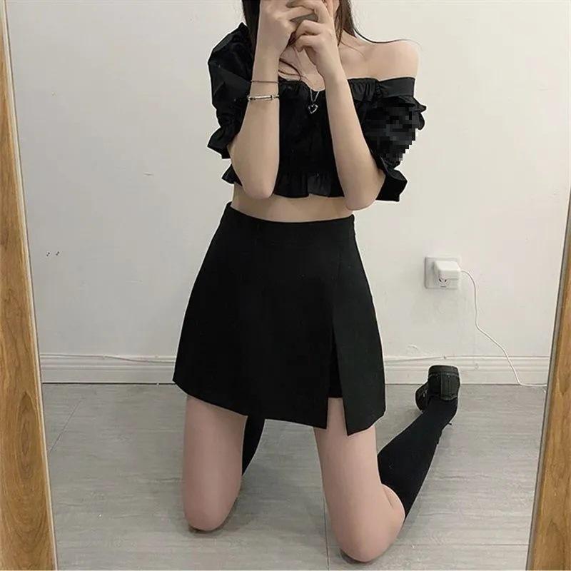 2022 Black High-Waisted Irregular Midi A-Line Skirt with Slimming Slit