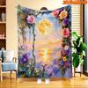 1pc 2D Flat Printing Spring & Summer New Arrival Romantic Floral Arch Moon Sea View Digital Print Blanket, All Seasons, Casual Carpet, 100% Polyester 