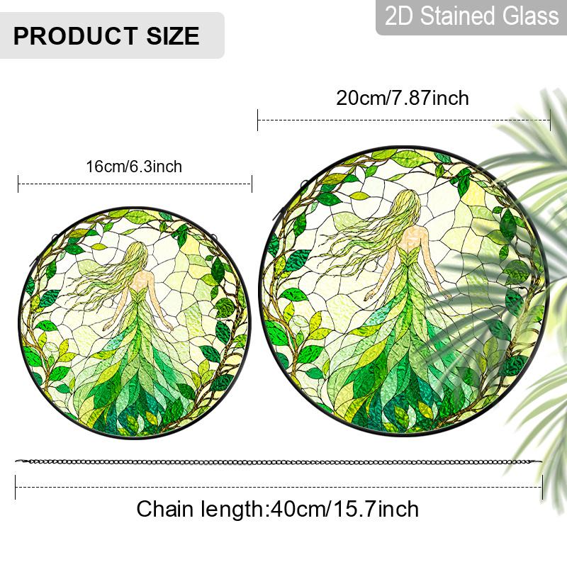 2D Flat Stained Glass Green Genie Window Decoration, 6.3/7.87inches Colored Glass Plate with Chain, Charming Indoor/Outdoor Spring Summer Sun Catcher