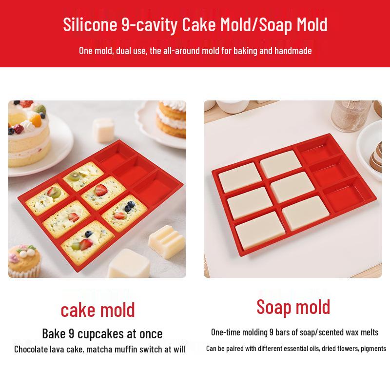 Silicone 9-Cavity Square Mold for Cake, Soap, Mousse, and Large Ice Cubes
