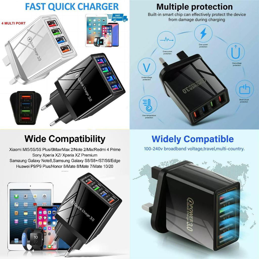Colorful 4 Usb Phone Charger 3a Tablet Travel Charger Eu Plug Charging Head