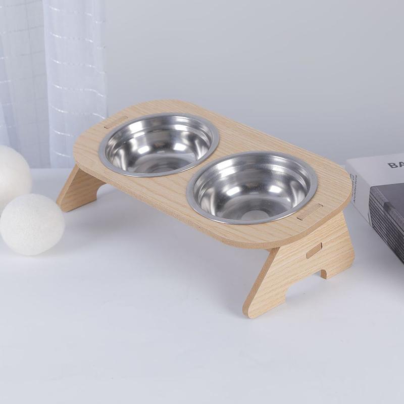 Elevated Cat Bowls Pet Feeder 15° Tilted Raised Cat Food Bowls With Wooden Stand 2 Stainless Steel Bowls For Cats And Puppy