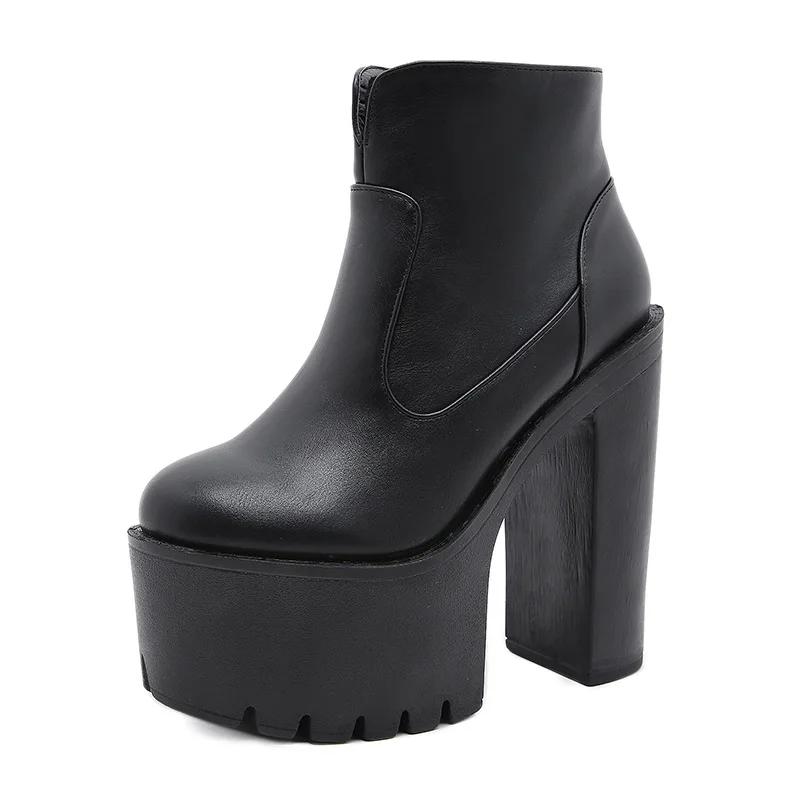 Módní Sexy Robustní Vysoké Podpatky Kotníkové Boty Pro Ženy Punkový Styl Zip Silná Platforma Elasticita Mikrovlákno Boty Sapatos Femininos