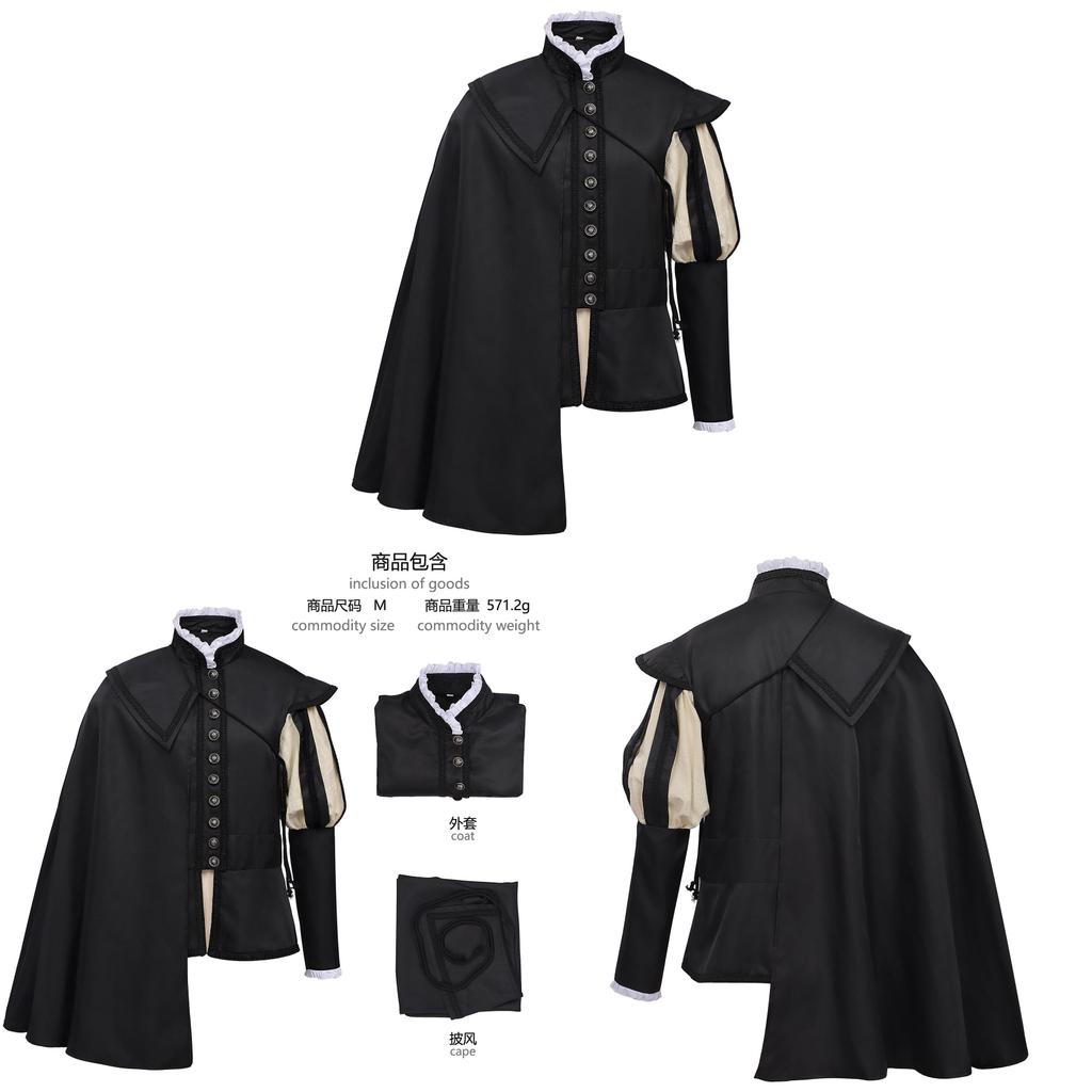 Medieval Renaissance Mens Black Long Robe With Cloak For Formal Events