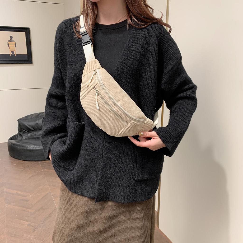 Women Waist Bag Corduroy Student Shoulder Handbag Crossbody Chest Breast Bag Fanny Pack Phone Female Bum Belt Purse