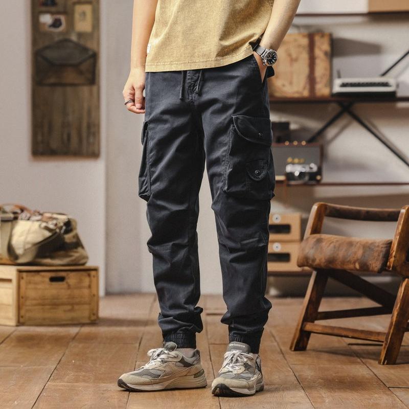 Working Pants for Men's Spring and Autumn Pure Cotton Wear-resistant Small Feet Tying Pants American Retro Multi-pocket Casual Pants Trousers