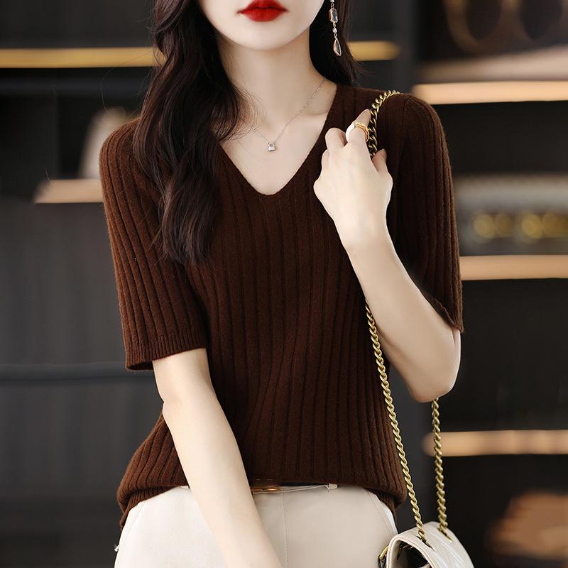 Frühling Sommer Damen V-Ausschnitt Kurzarm Exquisiter Kaschmir Strickpullover Pullover Einfarbig