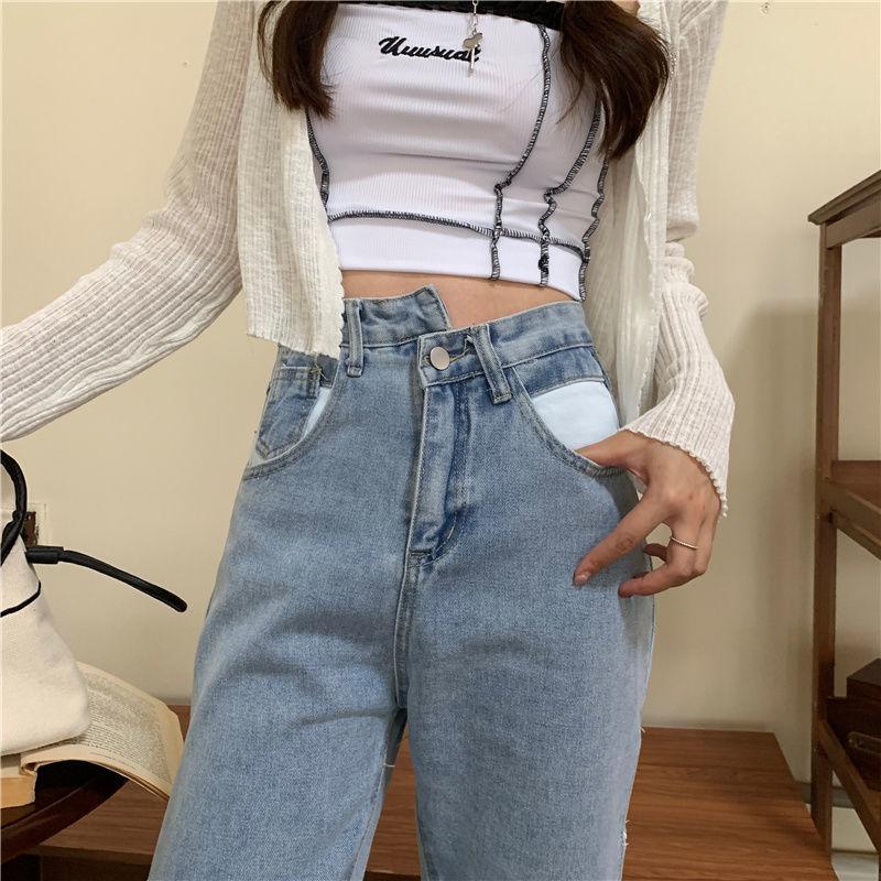 European and American Style High Waisted Split Strap Jeans for Women with Straight Sleeves and Slim Wide Legs, Fashionable Women's Clothing