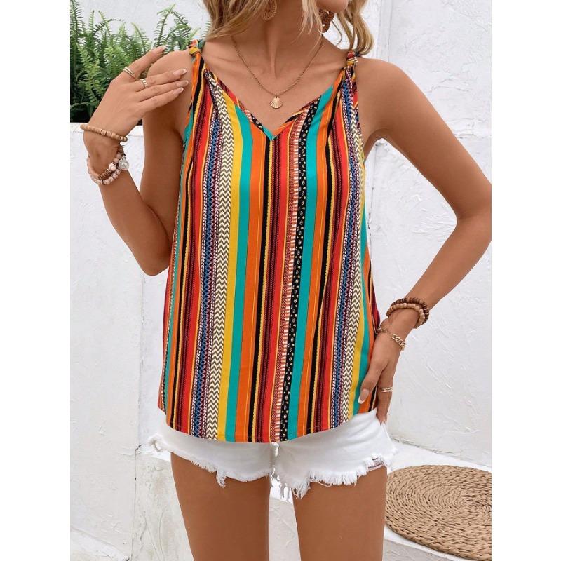 Damen Boho Streifenprint V-Ausschnitt Ärmelloses Cami-Top