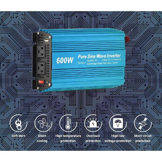 DC 12V to AC120V Pure Sine Wave Power Inverter 600W with Dual sockets Output and DC 5V 2Amp USB Output. Ideal for Most Small Power appliances. (600W)