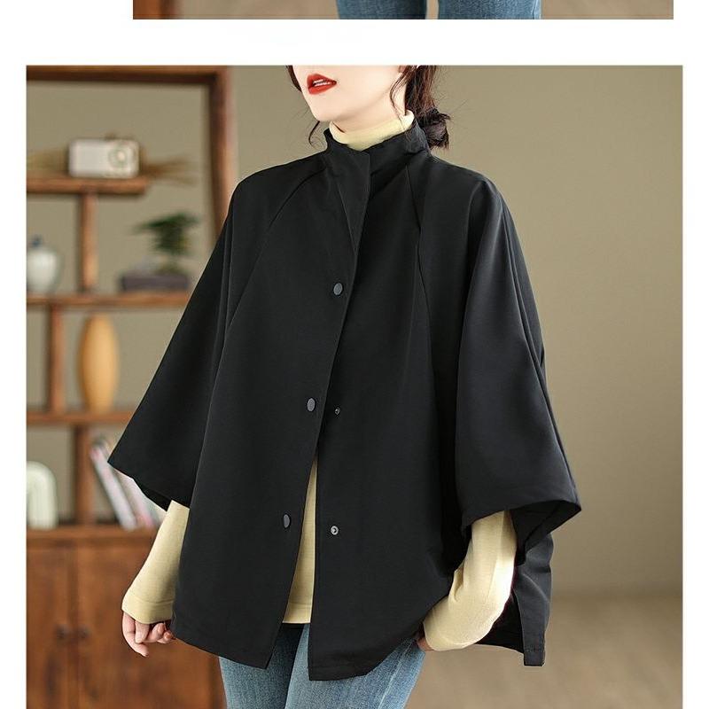 Women Loose Short Trench Coat Raglan 7 Sleeve Literary Casual Outerwear