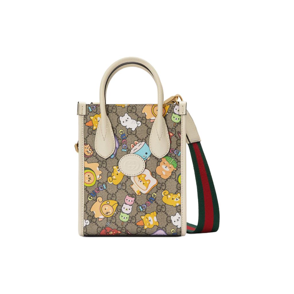Gucci X Kim Jong Min Puppy Print Mini Tote Bag Beige Canvas White Leather Daily Use 699406-FABOG-9742