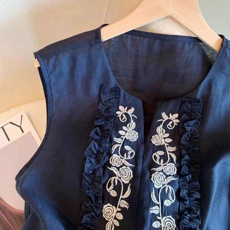 Women Linen Cotton Embroidery Sleeveless Blouse Ruffle Trim Casual Tank Top