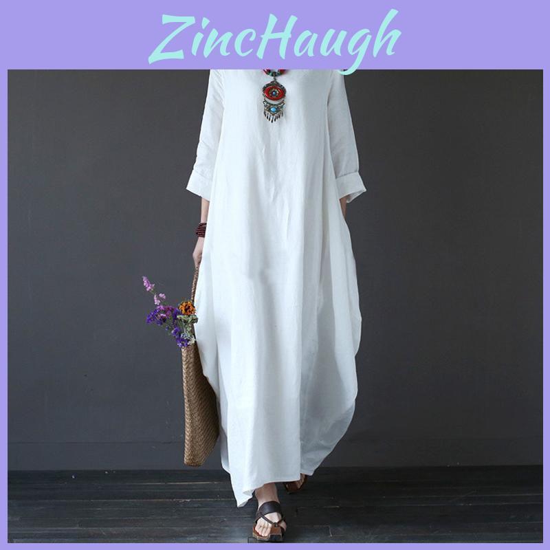 Chic Women Boho Cotton Linen Loose Long Sleeve Maxi Beach Blouse Casual Dress With Timeless Design