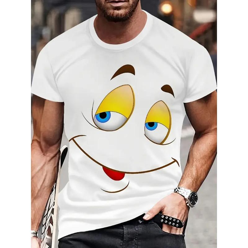 Summer Round Neck Cartoon Face Graphic 3D Print T-shirts Fashionable Casual Short Sleeved Men's T-shirts