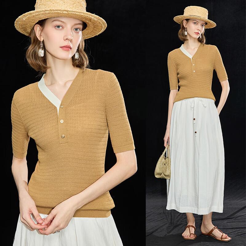 Wudao Women s V-Neck Linen Blend Colorblock Knit Tee L