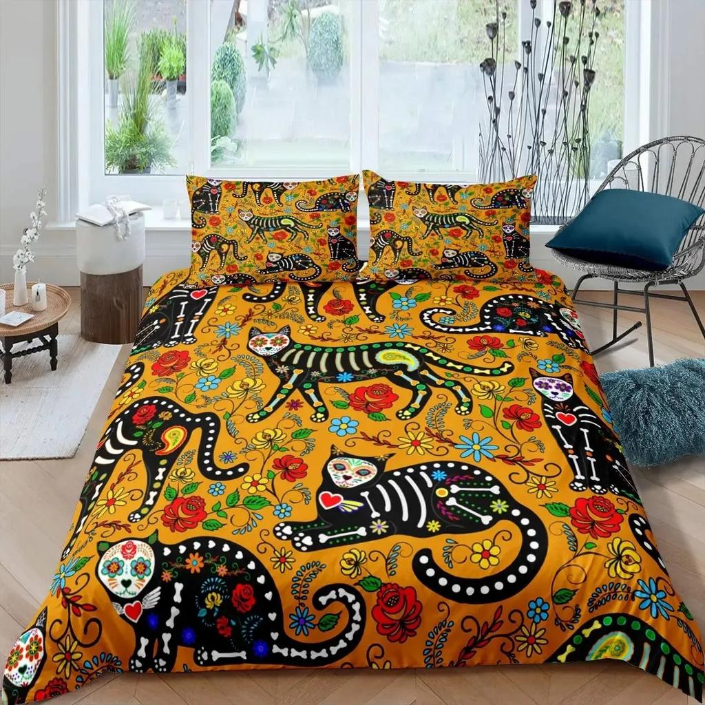 Juego de Funda Nórdica de Gato Colorido Tamaño Queen, Juegos de Ropa de Cama de Gato con Arte Abstracto, Juego de Funda de Edredón de Gato Lindo para Niñas Niños Funda de Colcha