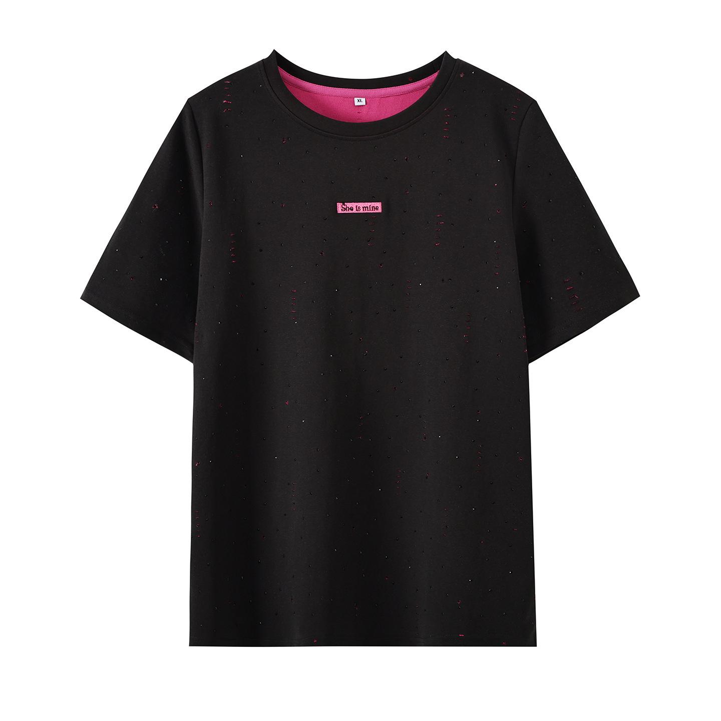 

Spring 2026 Rhinestone Round Neck Plus Size Korean Style Brushed Short Sleeve T-shirt XL (65-75 kg) чёрный