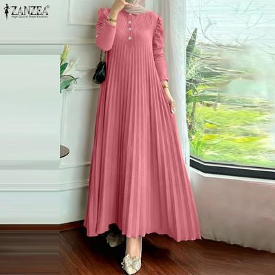 Women Casual Round Neck Loose Long Sleeve Pleated Dress