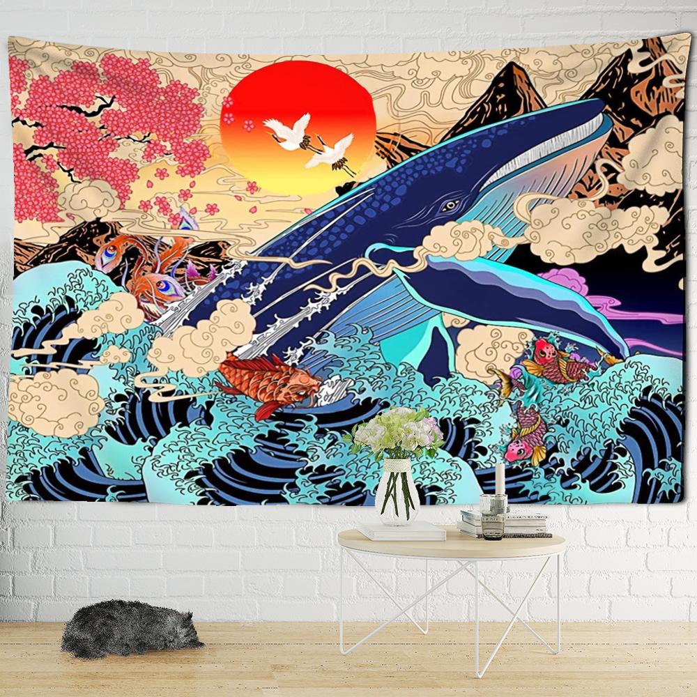 Whale Illustration Tapestry Wall Hanging Colorful Psychedelic Witchcraft Aesthetics Room Dormitory Background Decor