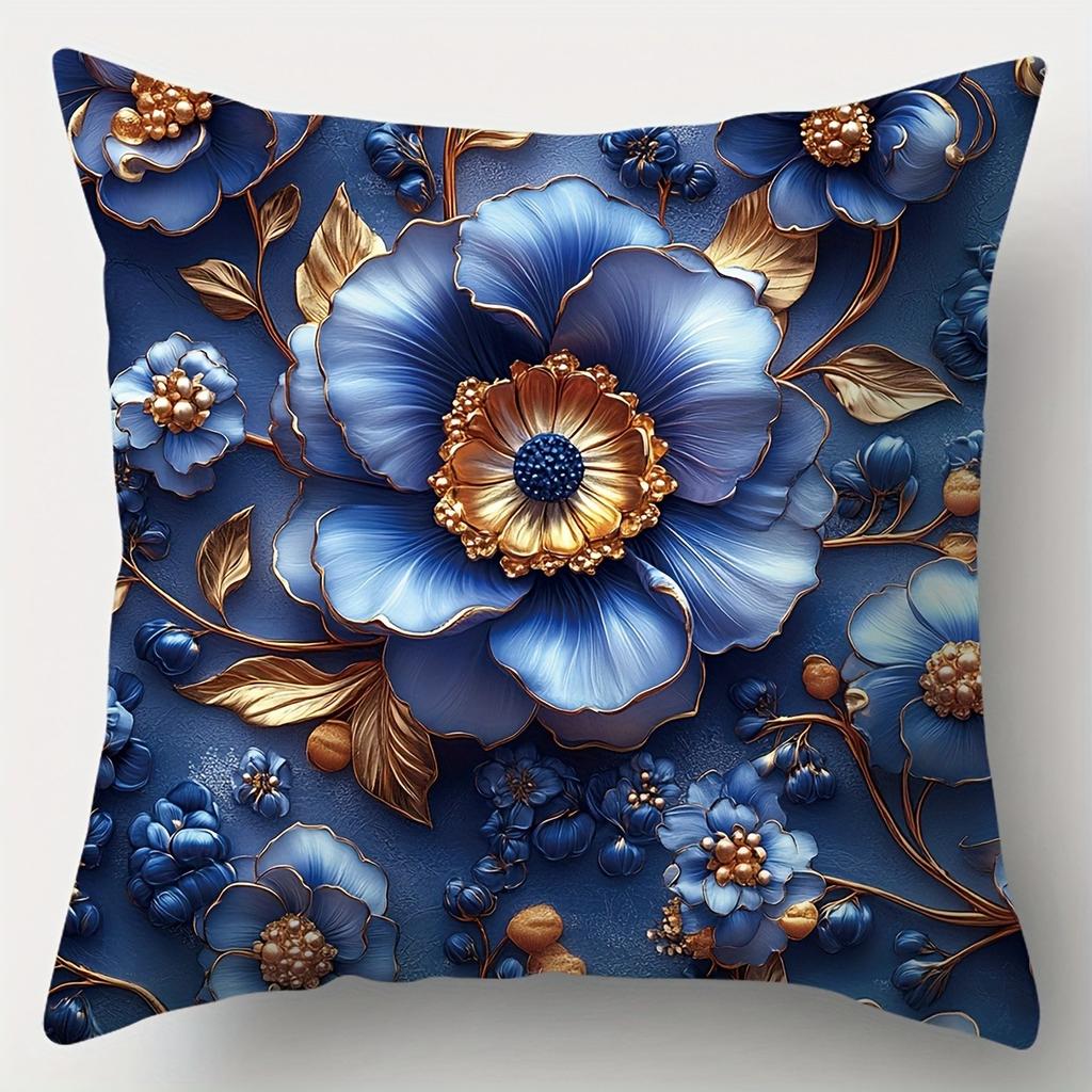 Blue Gold Floral Pattern Home Decor Pillow Cover Living Room Sofa Polyester Cushion Cover with Zipper