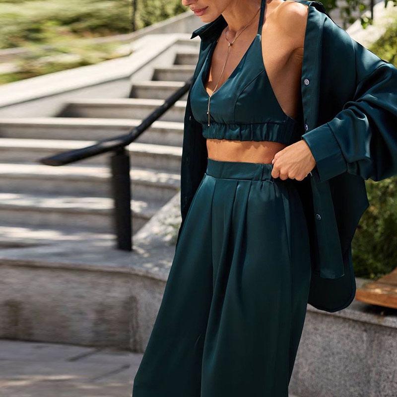 Elegant Silk Shirt Bra Pants Sets 3 Pieces Women Casual Single Breasted Lapel Loose Shirts Corset Straight Trousers Suits Female