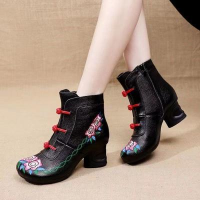 Fashion Ethnic Boho Ankle Boots Women's Faux Leather Cheap Waterproof Shoes Woman Vintage Embroidered Boot Ladies Block Mid Heel Booties