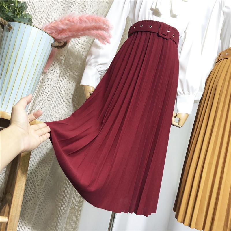 

Women s High-Waist Belted A-Line Midi Skirt with Accordion Pleats One Size
