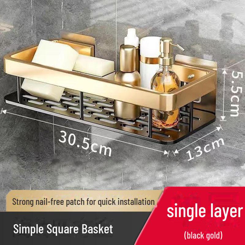 

Алюминиевый угловой стеллаж для хранения вещей в ванной комнате Punch-Free Space rectangular board single layer widened чёрный/золотой